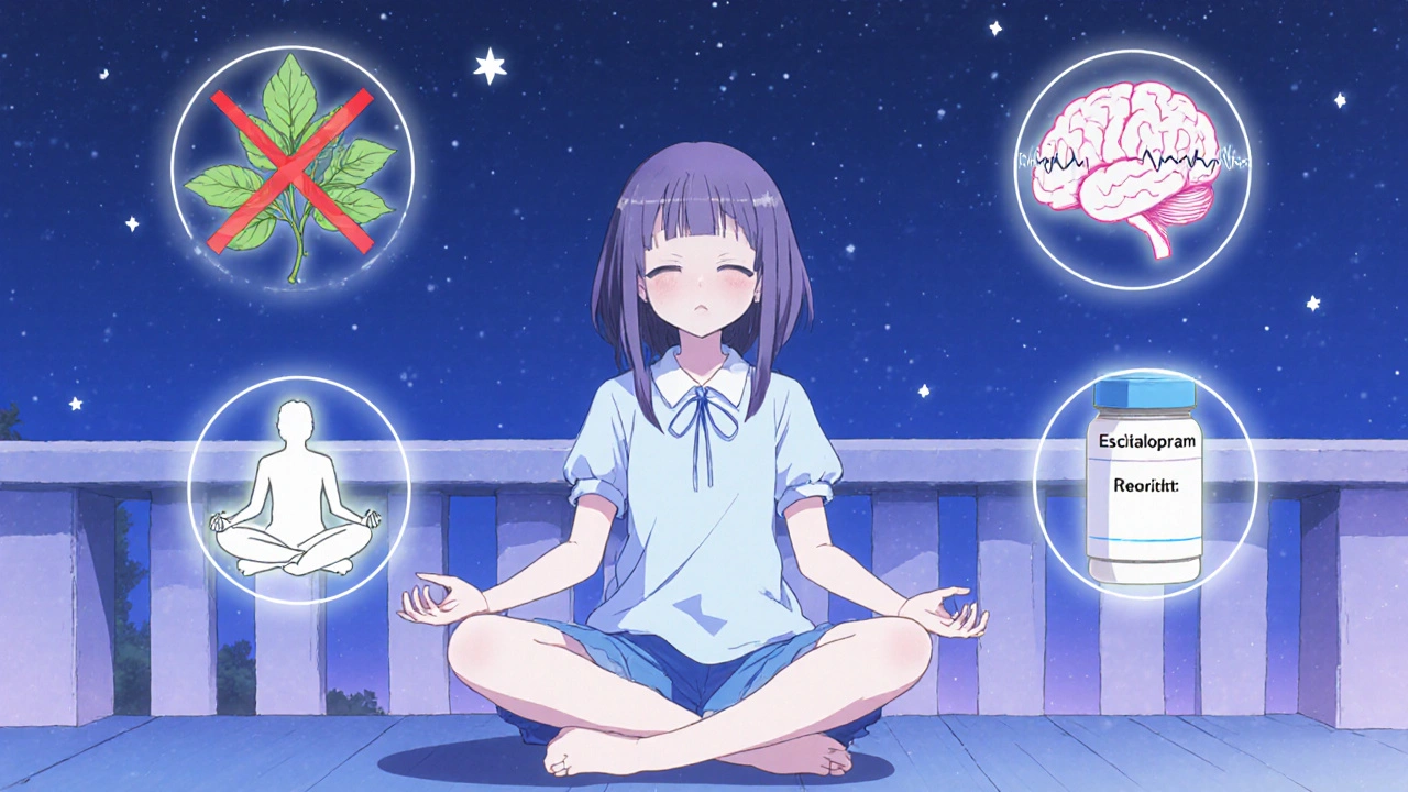 A girl meditates under stars with symbolic health icons floating around her — St. John’s Wort crossed out, TMS waves, and medication.