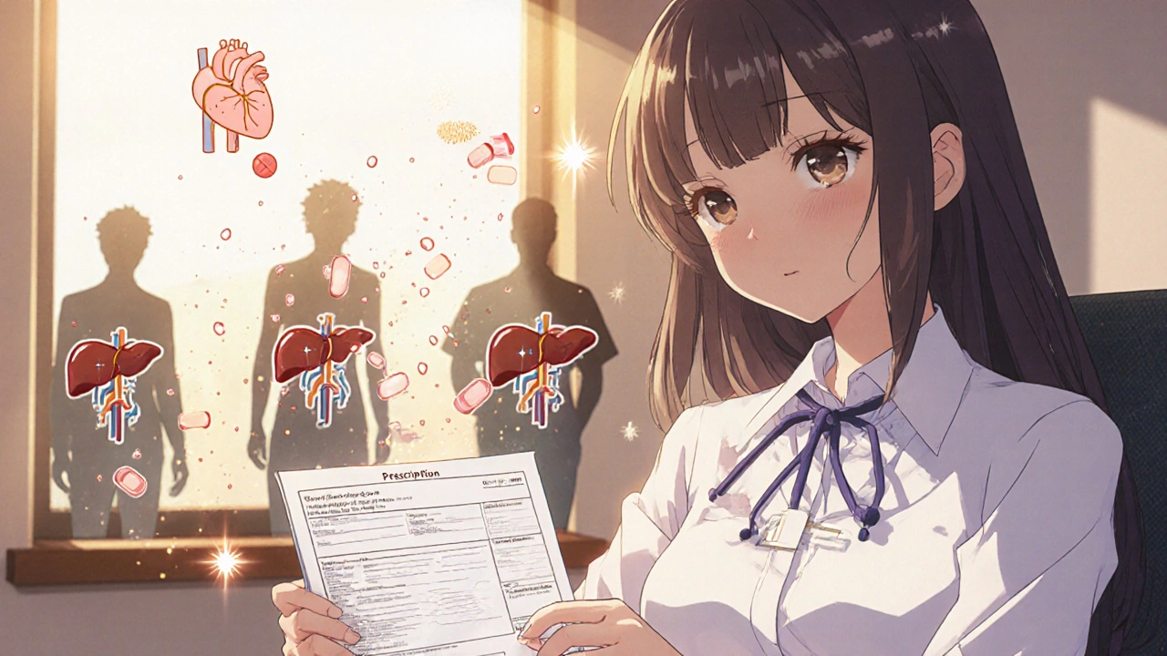 A woman receiving a prescription from a doctor while fake ED pills crumble into dust behind her.