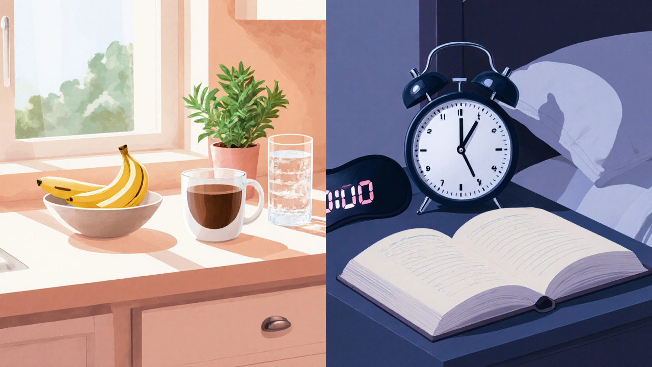 Balanced kitchen and bedroom scene showing coffee, banana, water, diary, and sleep items.