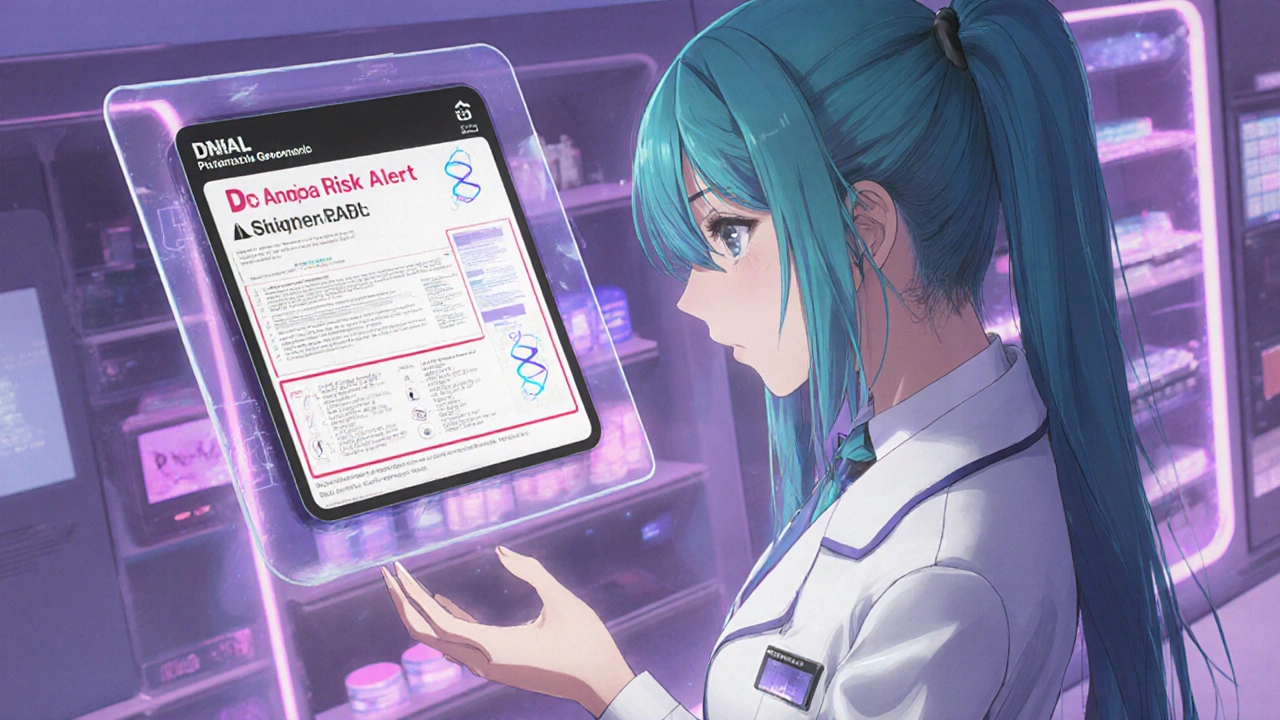 Bishoujo doctor using a holographic drug label showing a personalized black warning.