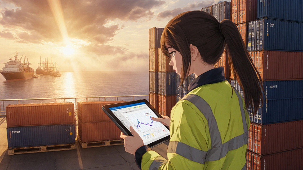 Bishoujo logistics specialist overseeing insulated containers on a cargo ship at sunset.
