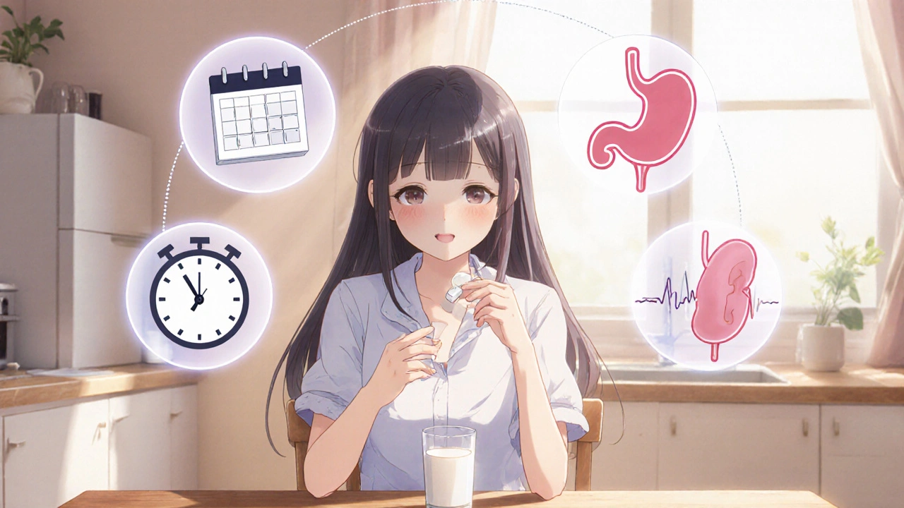 Bishoujo patient takes meloxicam with milk, surrounded by daily dosing and organ icons.