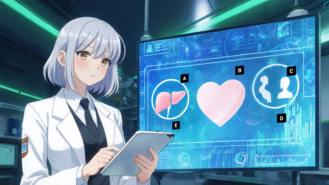 Bishoujo regulator in a lab reviewing digital icons of health risks.