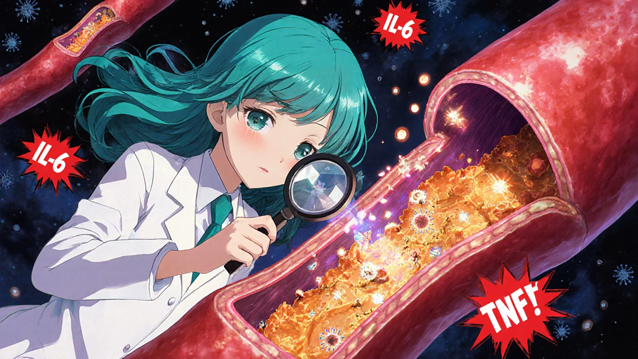 Bishoujo scientist examining damaged blood vessel with virus particles and plaque formation.