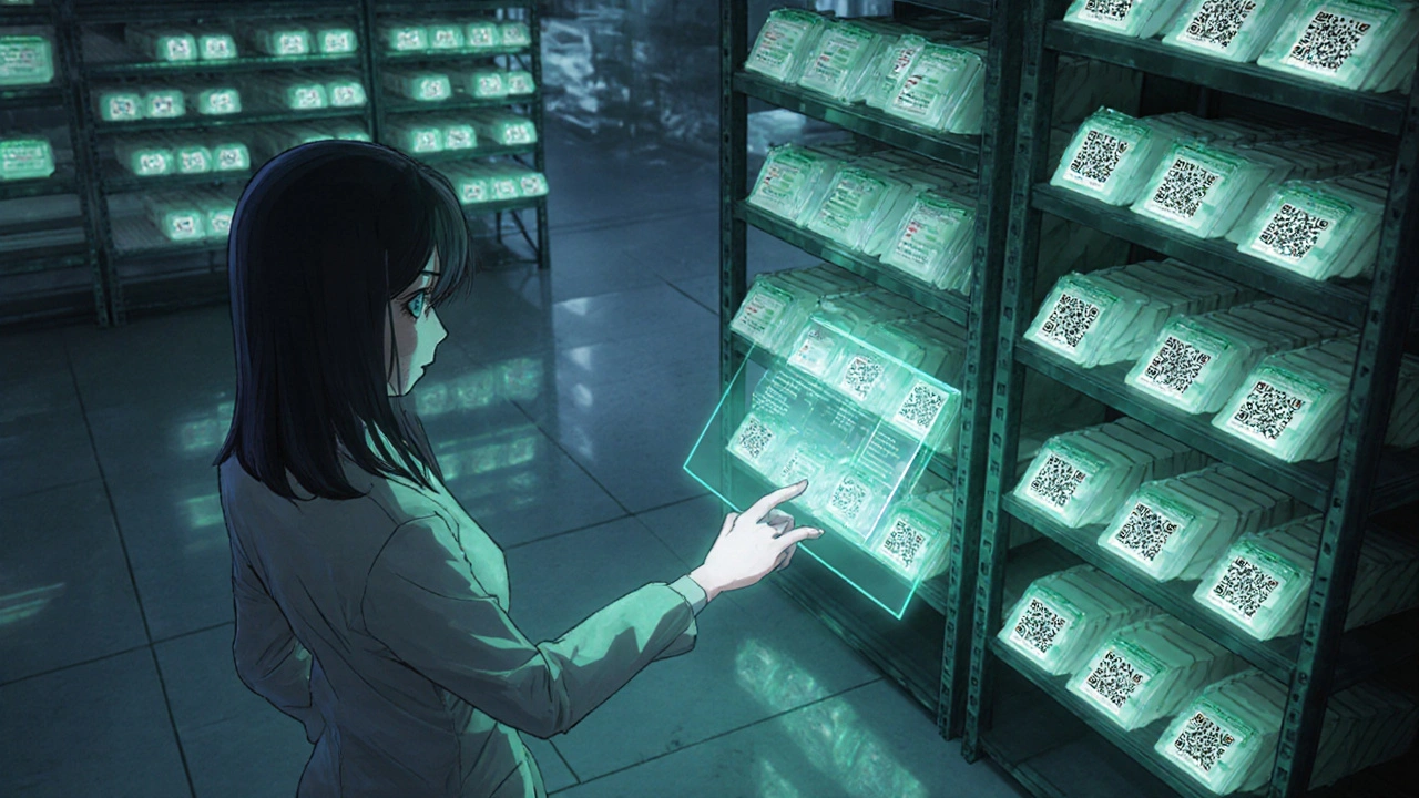 Bishoujo technician using holographic controls on smart shelves in a futuristic warehouse.