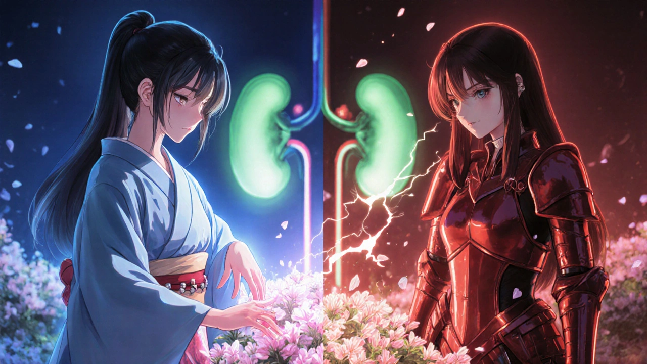 Blue‑aura bishoujo protects a stomach garden while red‑aura ibuprofen damages it.