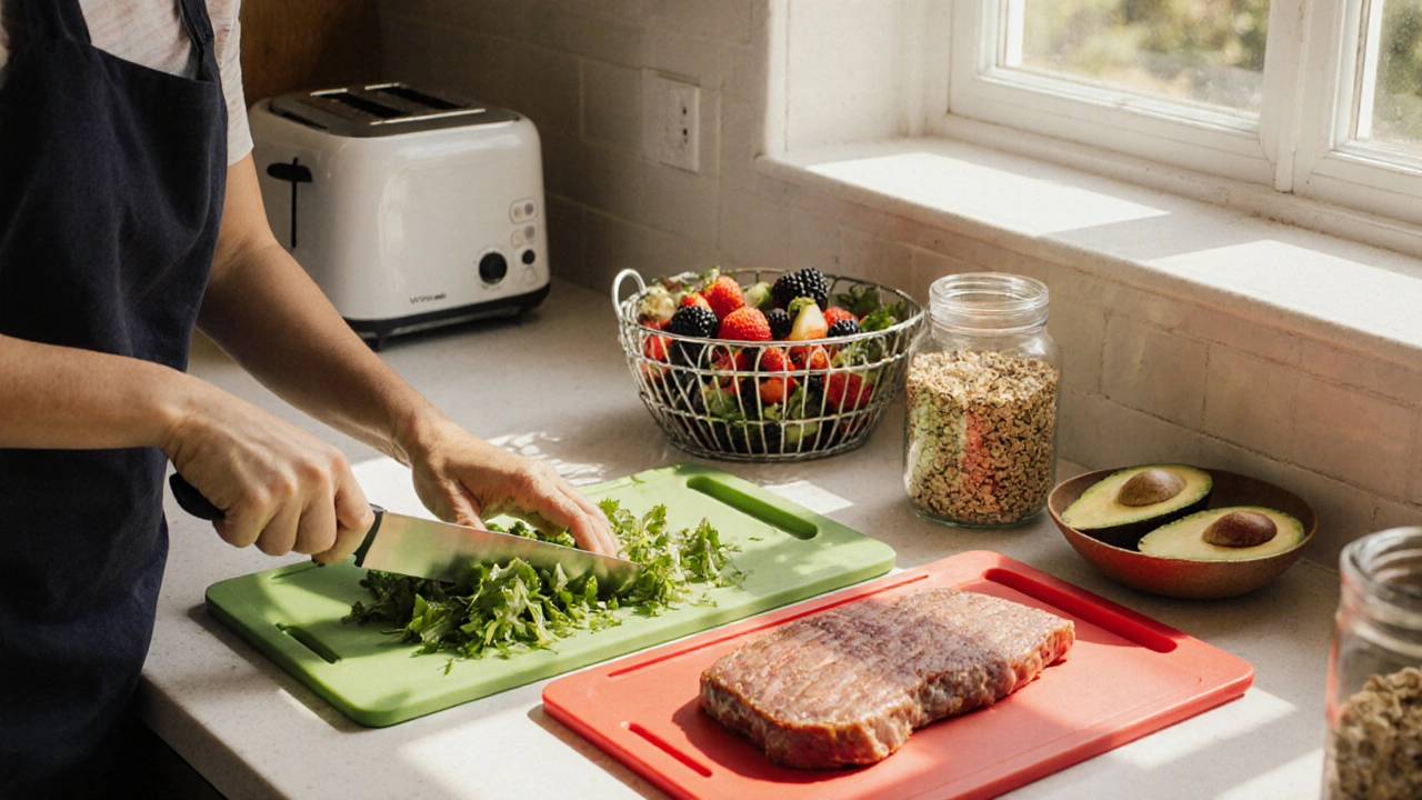 Bright kitchen scene with gluten‑free foods and separate utensils.