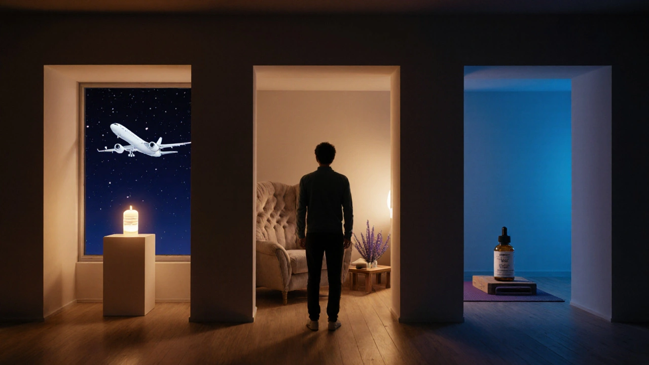 Cinematic bedroom showing three pathways with melatonin, CBD, and magnesium representing different sleep issues.