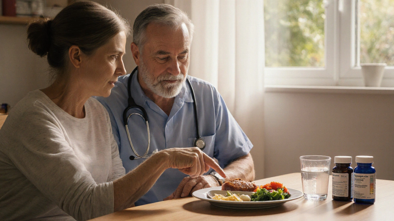 Clinician counseling CKD patient with balanced meal, water, and medication bottles.