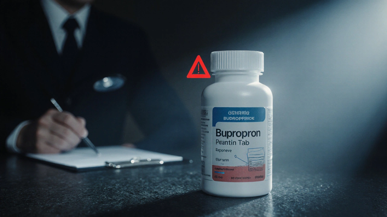 Close-up of a bupropion bottle with warning overlay and customs inspection background.