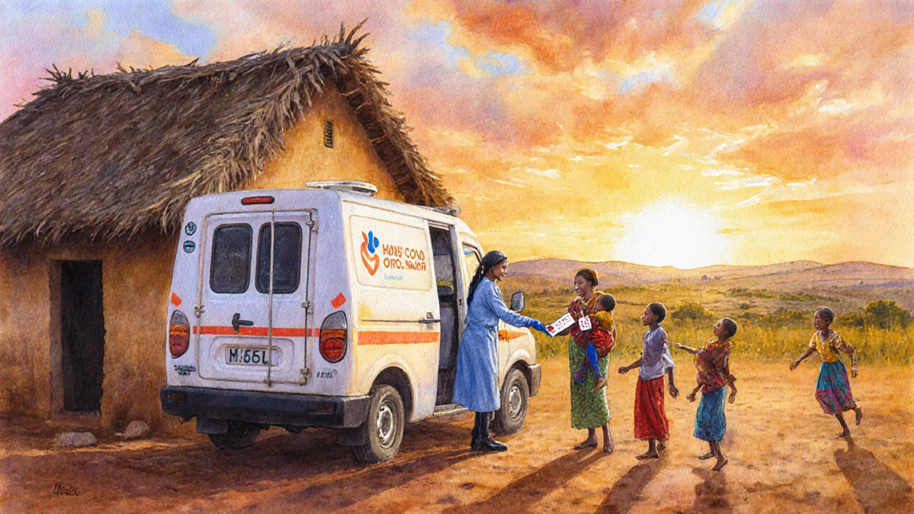Community health worker offers screening to a mother and baby beside a mobile unit in a sunny village.