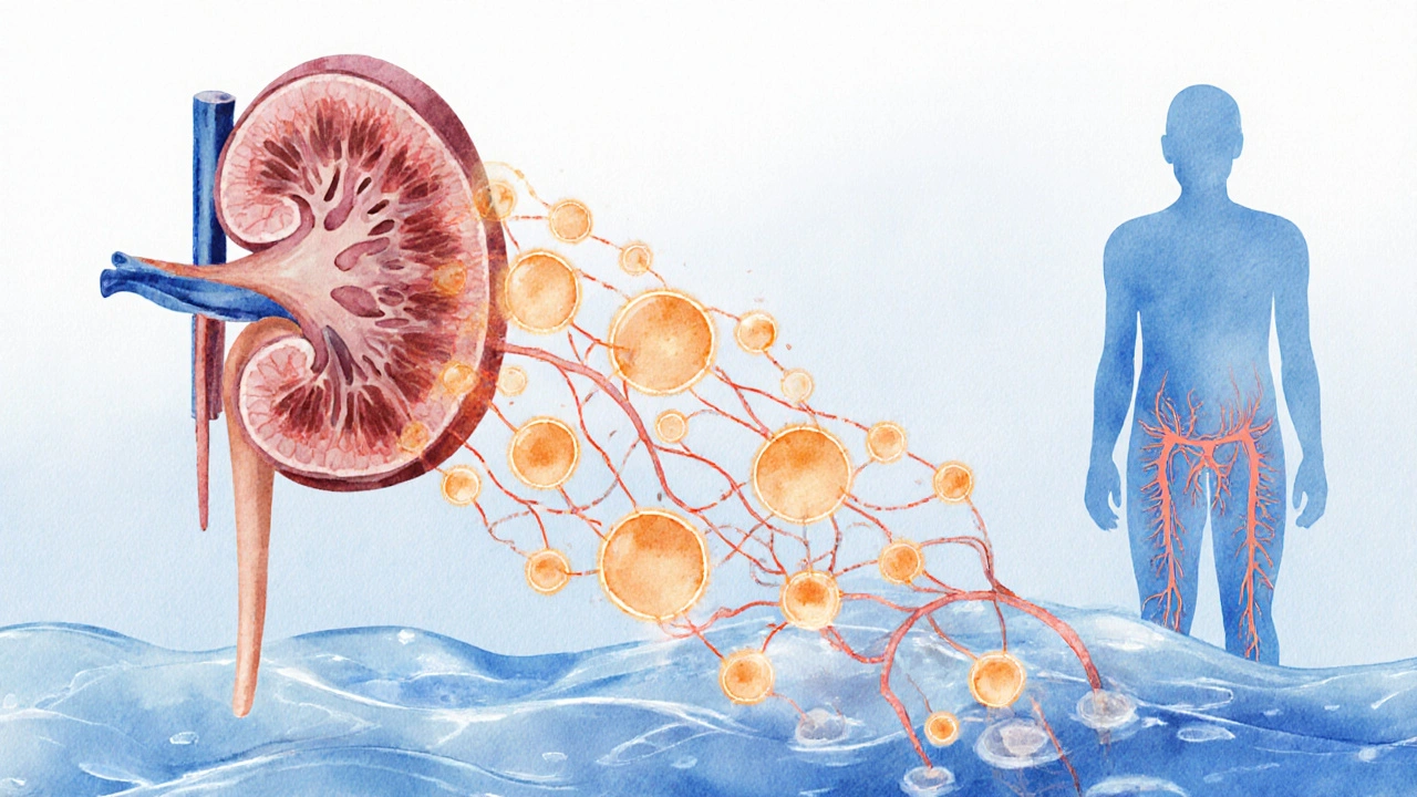 Conceptual watercolor of kidney releasing hormones causing hypertension and fluid overload.