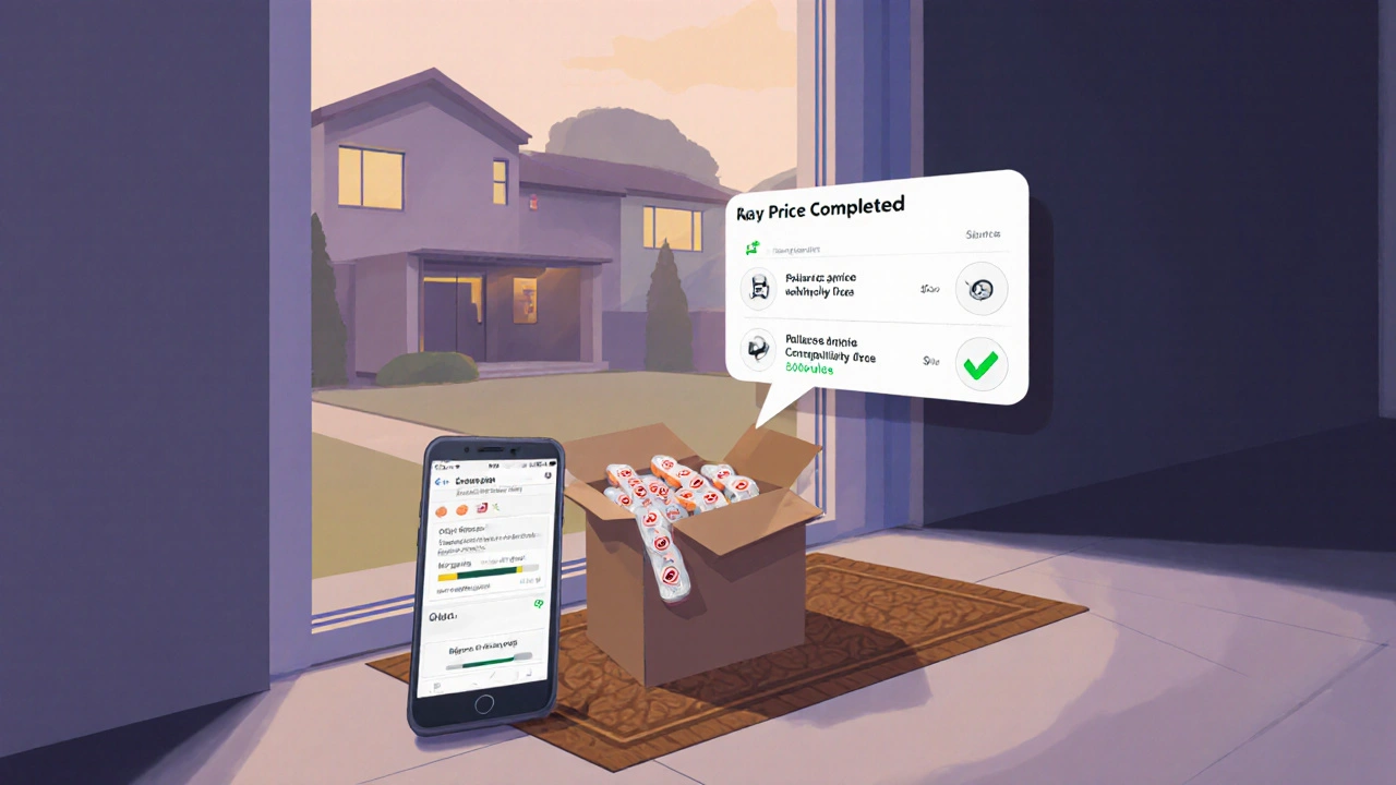 Discrete delivery box on doorstep showing generic pills inside and a phone with tracking info.