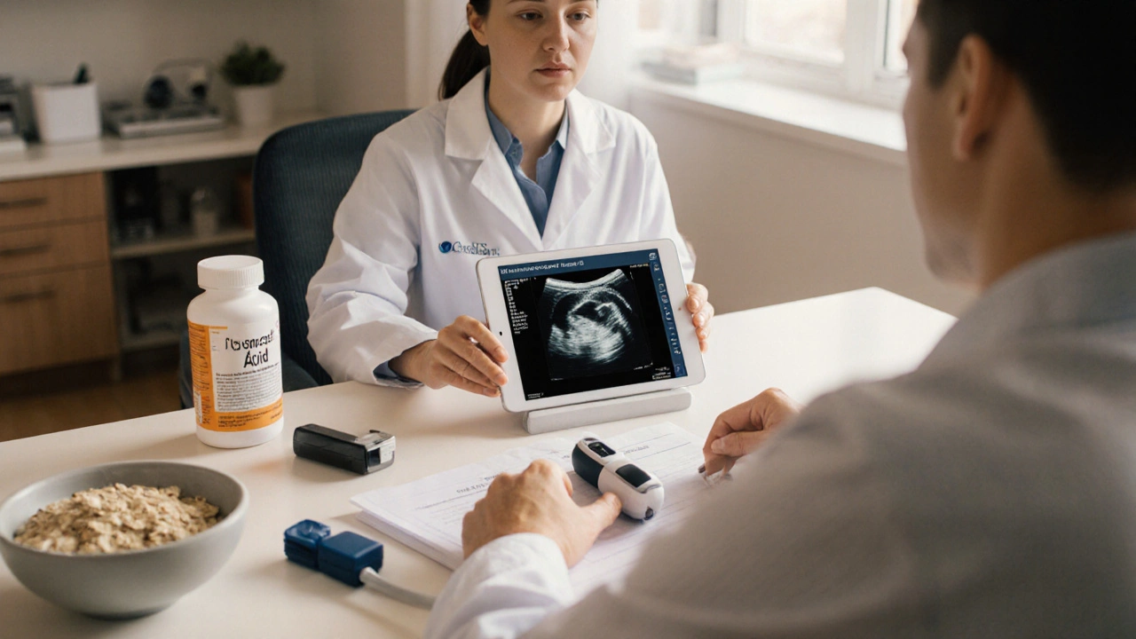 Doctor and patient in a clinic reviewing genetic risk, with an ultrasound of the gallbladder and medication bottles on the desk.
