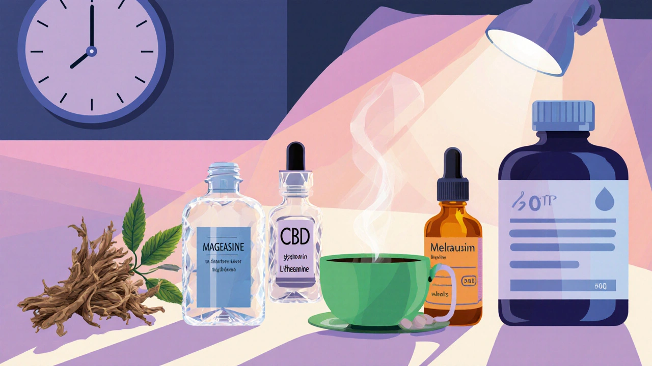 Flat illustration of six sleep supplements arranged on a nightstand.