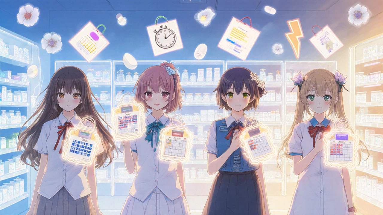 Four stylized female characters representing different ED medications in a glowing pharmacy aisle.
