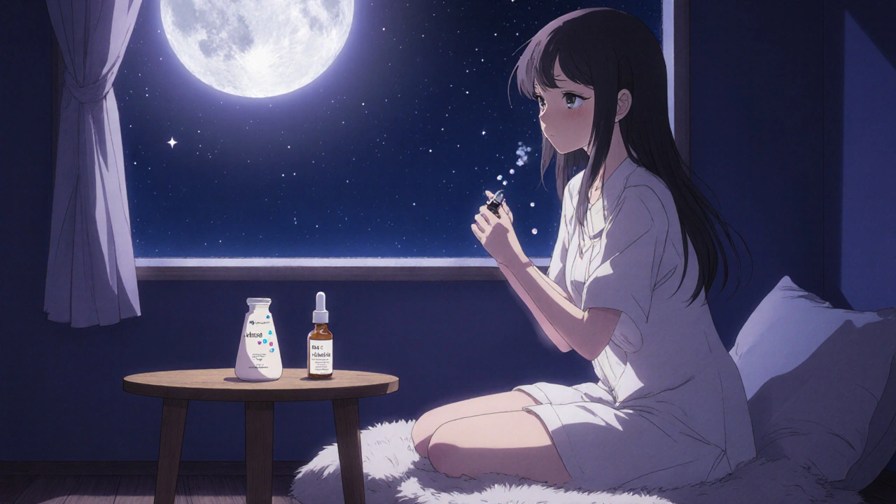 Girl applying retinol at night beside a moonlit window with a moisturizer nearby.