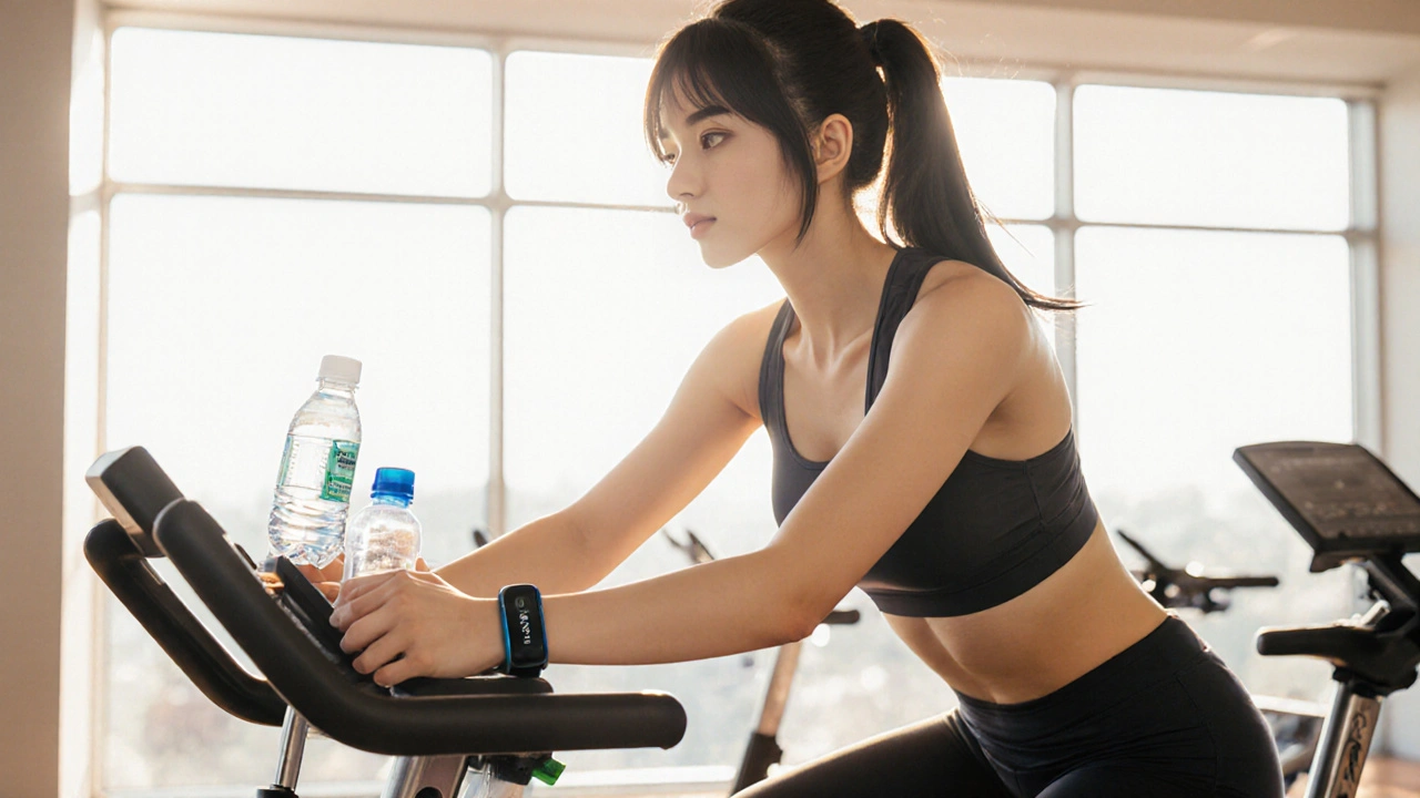 Girl riding a stationary bike in a sunny gym with water and electrolyte drink nearby.