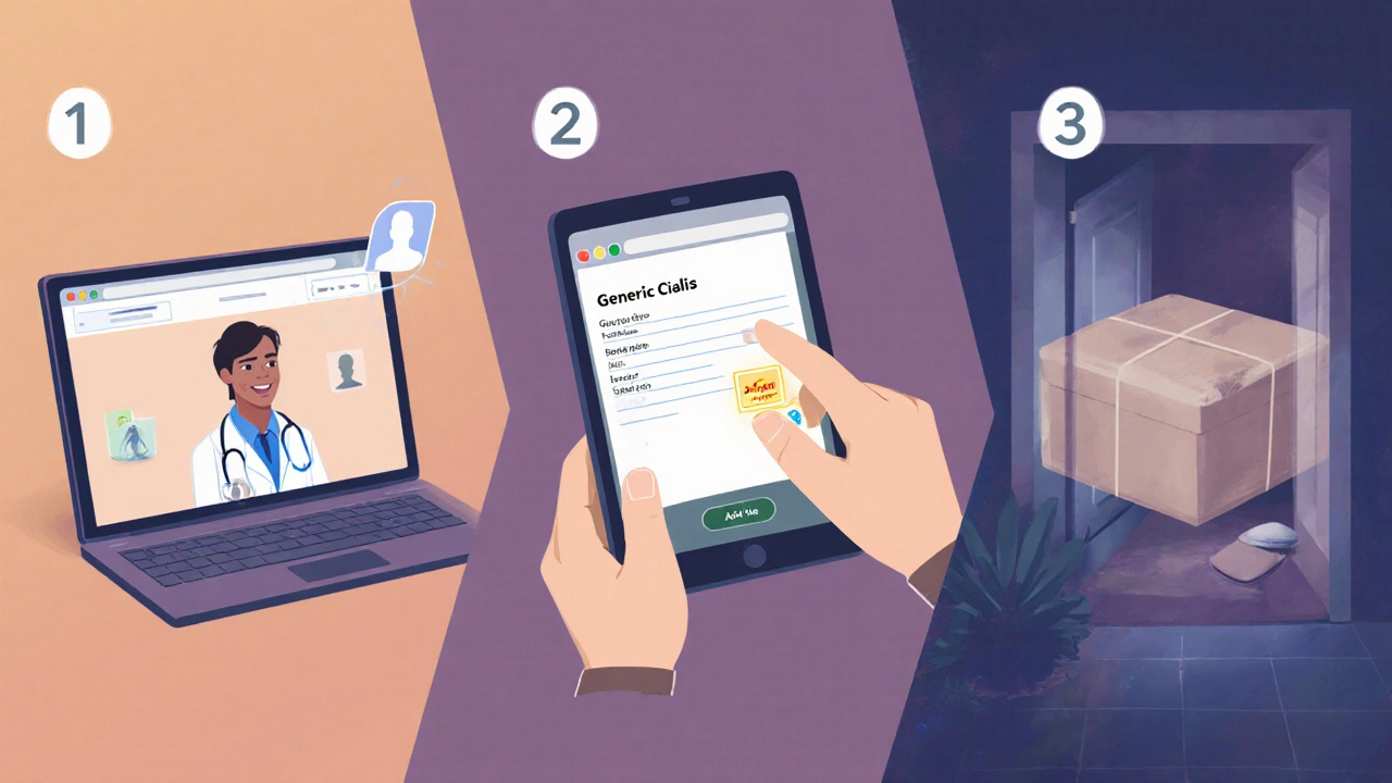 Illustration of telehealth consult, online ordering, and discreet delivery.