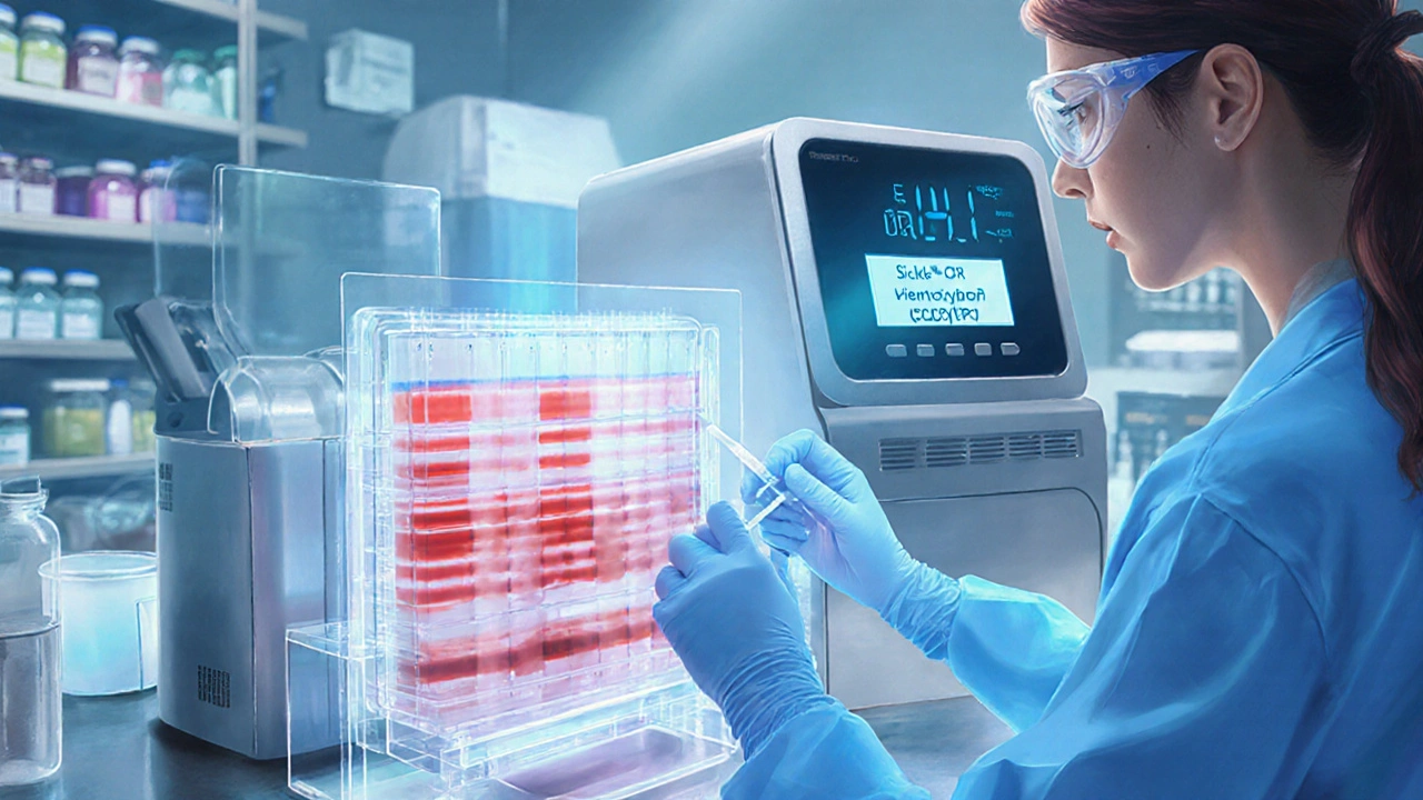 Laboratory scene showing hemoglobin electrophoresis gel and DNA PCR machine being examined by a technician.
