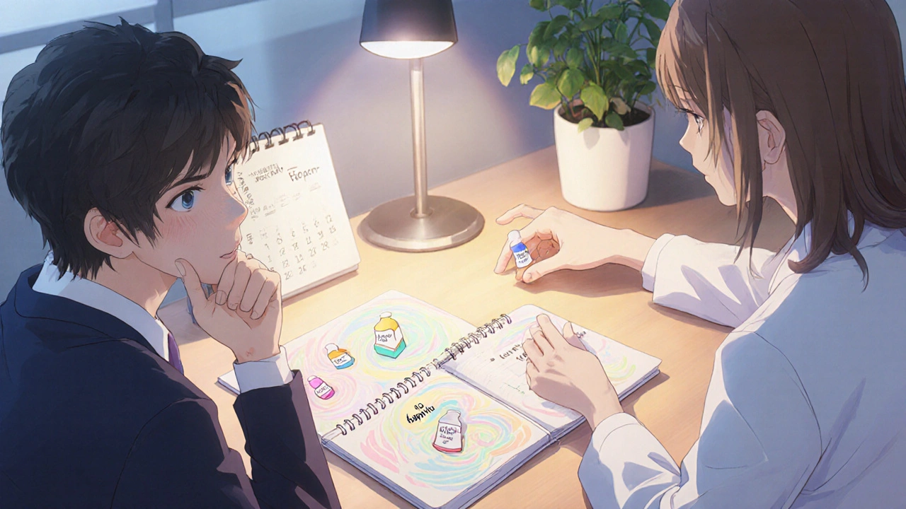 Patient and doctor discussing medication switch, with pills and notes on the desk.