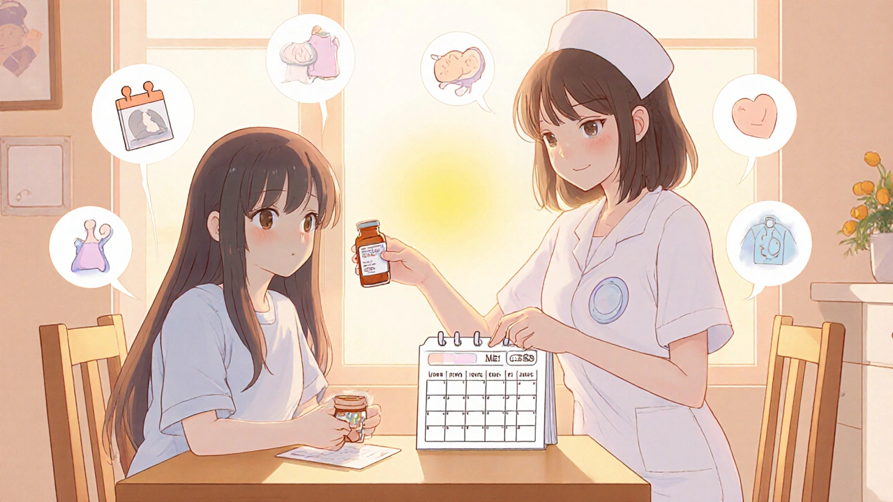 Patient bishoujo with nurse, pill bottle, calendar and side‑effect icons indicating safe switching.