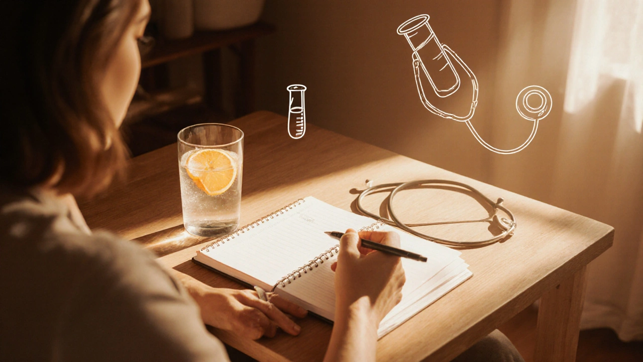Person logging symptoms while drinking an electrolyte drink.
