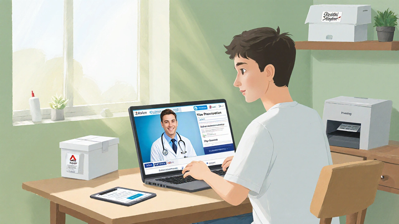Person using laptop for tele‑consultation while viewing a verified online pharmacy website.