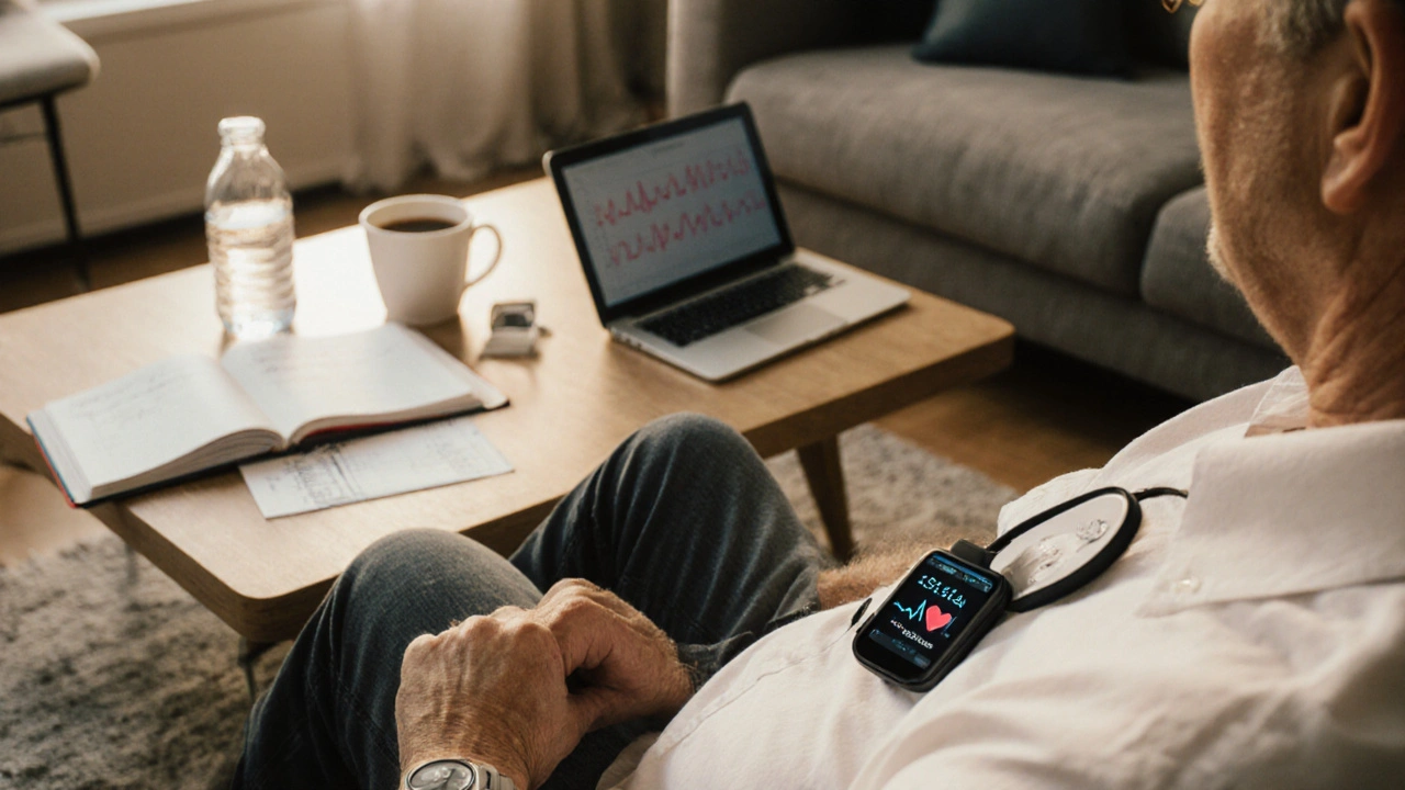 Person wearing Holter monitor and smartwatch, with diary and heart‑rate graph nearby.