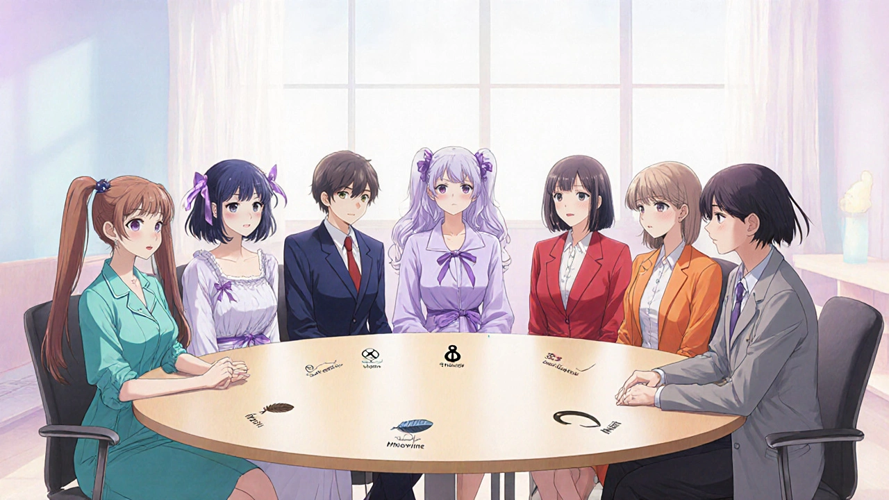 Seven bishoujo characters at a table, each embodying a different antidepressant alternative.
