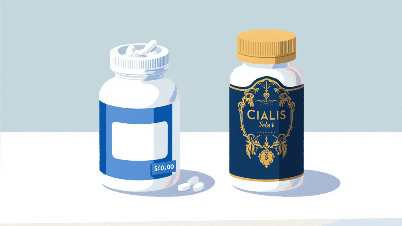 Side‑by‑side view of generic and brand Cialis bottles with tablets.