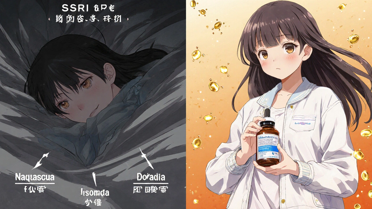 Split scene: left side shows distress from SSRIs, right side shows empowerment with Bupropion and golden energy particles.