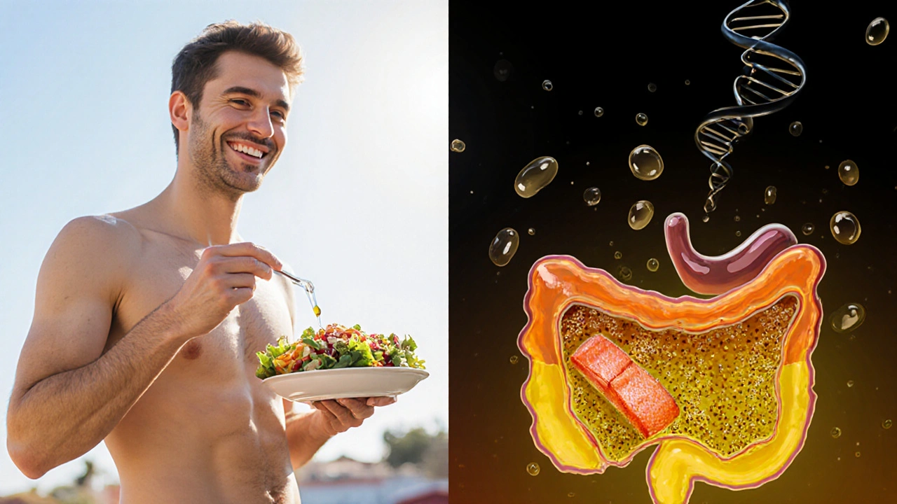 Split scene of a slim figure eating a salad versus a larger figure with fast food, each showing different bile crystal levels.