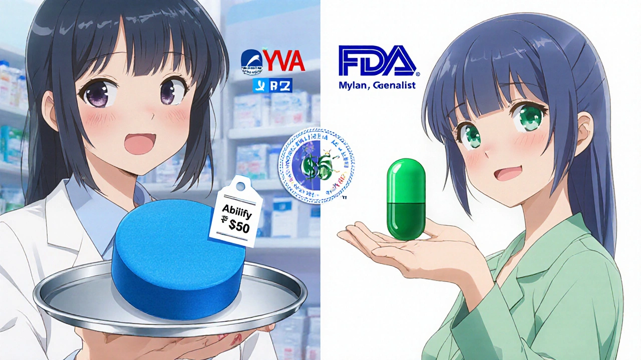 Split scene shows brand Abilify pill and generic aripiprazole pill with price tags and FDA seal.