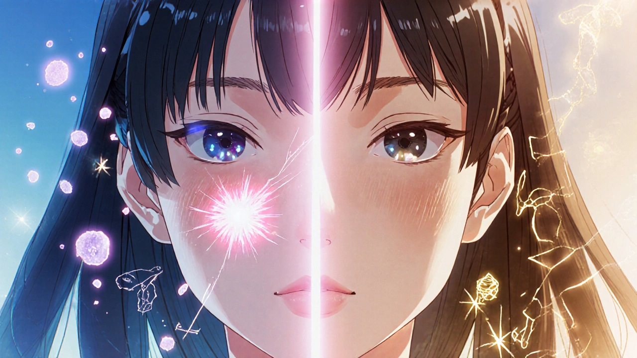 Split view of a girl showing clear pores on one side and smooth, firm skin on the other.