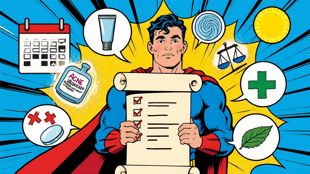 Superhero dermatologist weighs icons of acne treatments on a scale in vivid comic illustration.