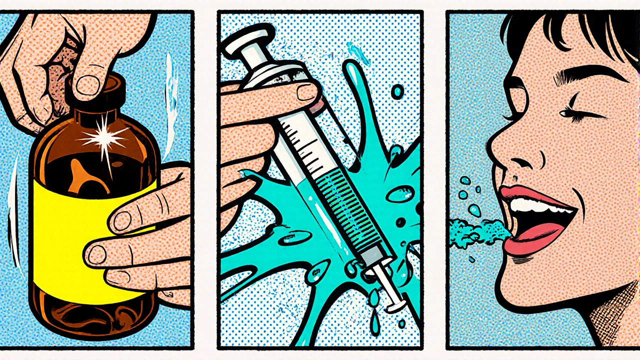 Three comic panels showing shaking bottle, filling syringe, and administering dose.