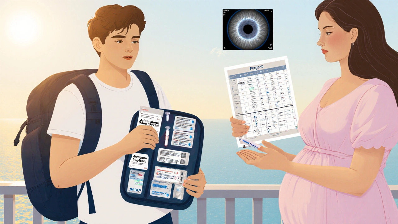 Traveler packing malaria meds, pregnant woman receiving safe drug, and eye exam hint.