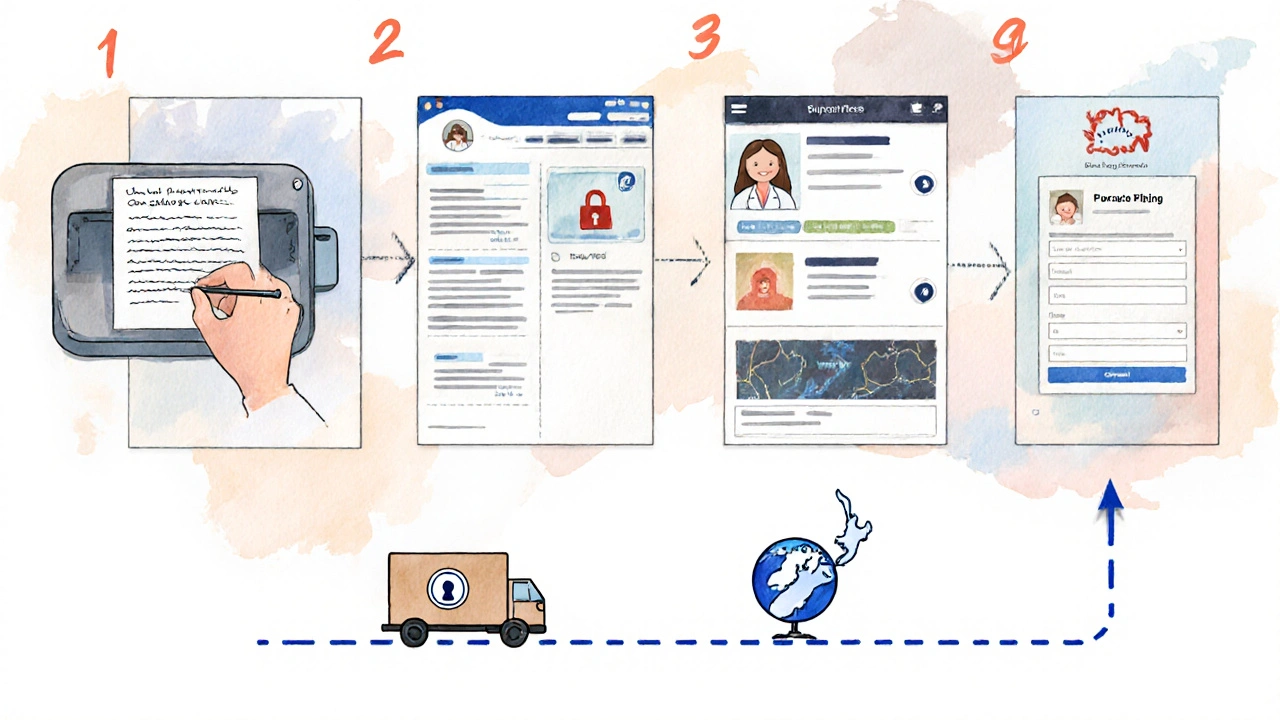 Watercolor illustration of prescription scanning, pharmacist chat, checkout, and shipping.