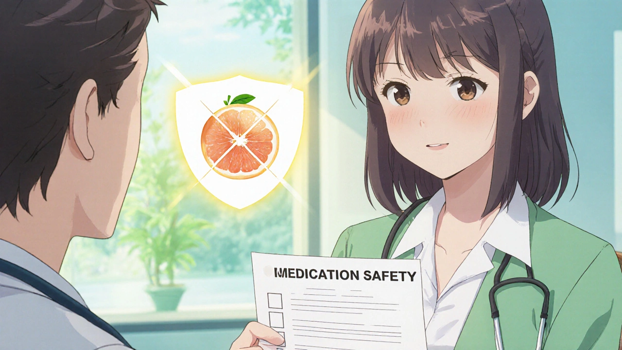 Woman and doctor reviewing a safety checklist, shield with CYP3A4 symbol and crossed grapefruit.