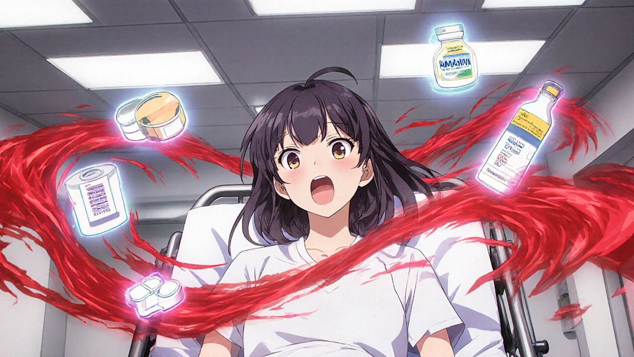 Woman in ER surrounded by floating pill icons and a red wave indicating serotonin overload.