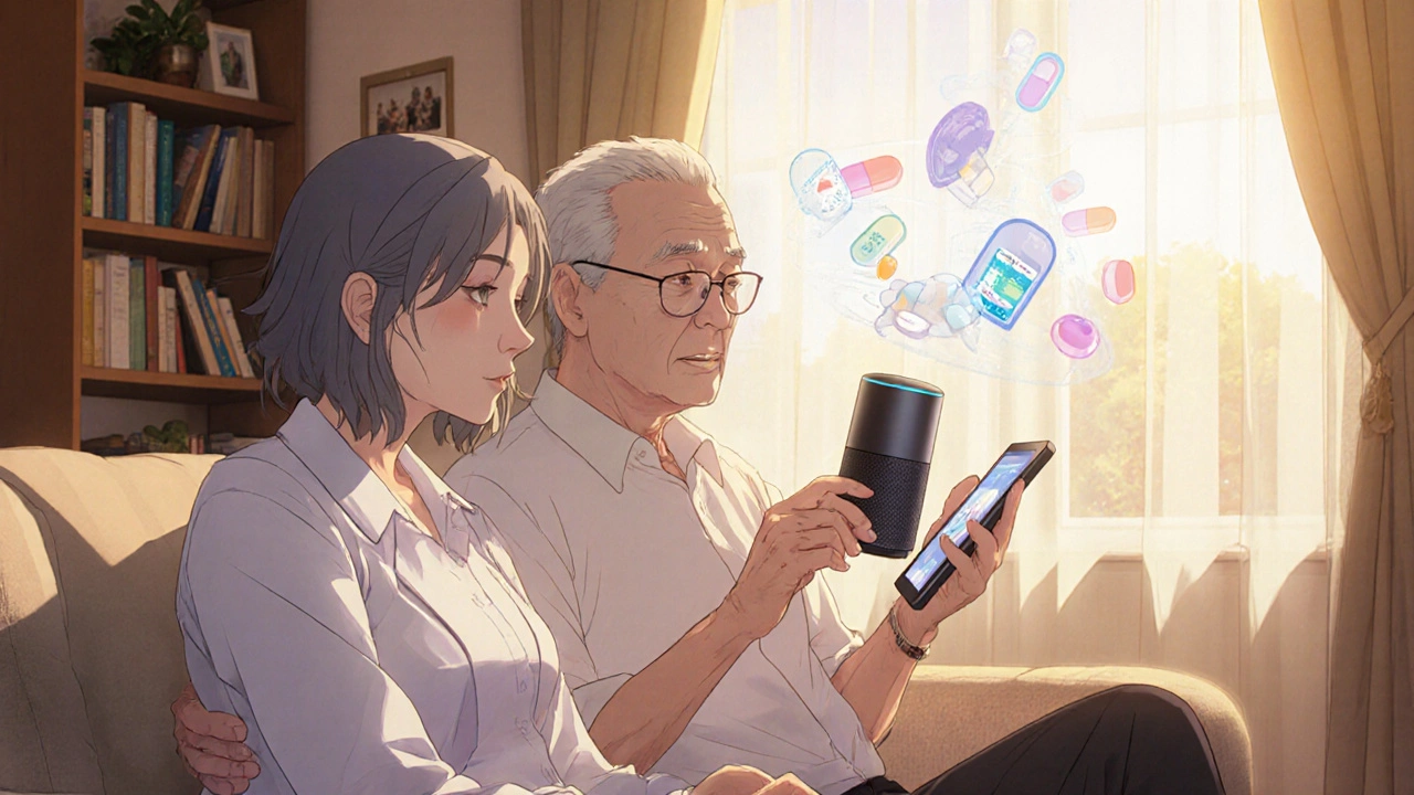 A caregiver and elderly person use a voice assistant to set a medication reminder in a cozy living room.