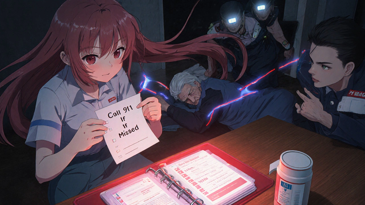 A caregiver holds an emergency medication list beside an unconscious person as paramedics arrive.