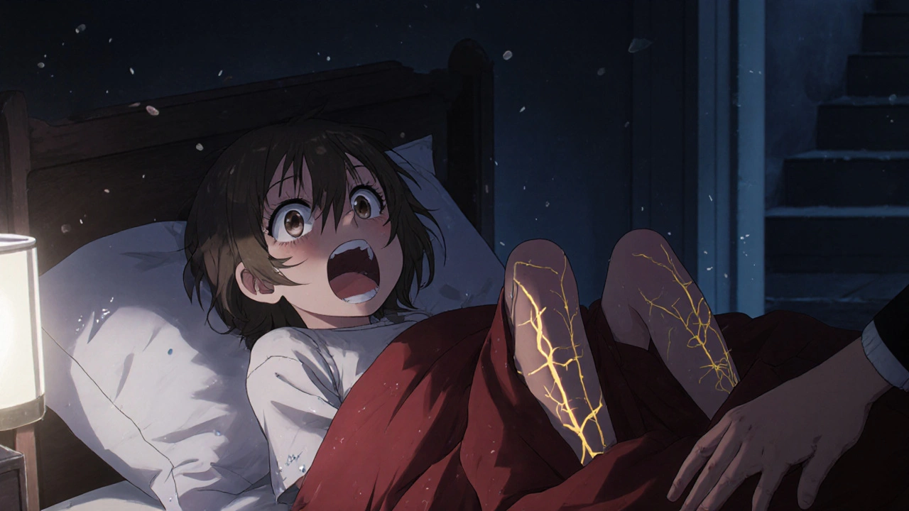 A child screams in terror during a night terror, eyes wide, glowing veins visible, parent reaching out.