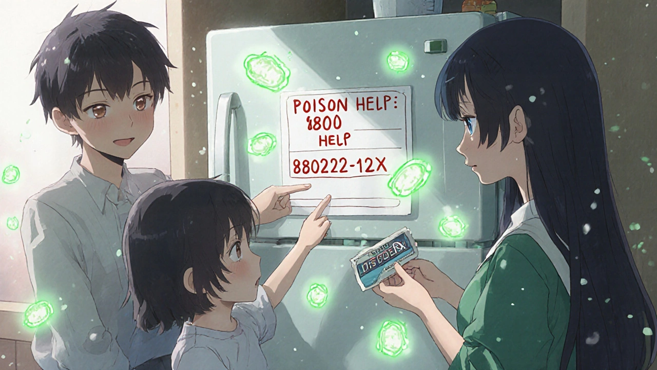A family looking at a poison control number posted on the fridge.