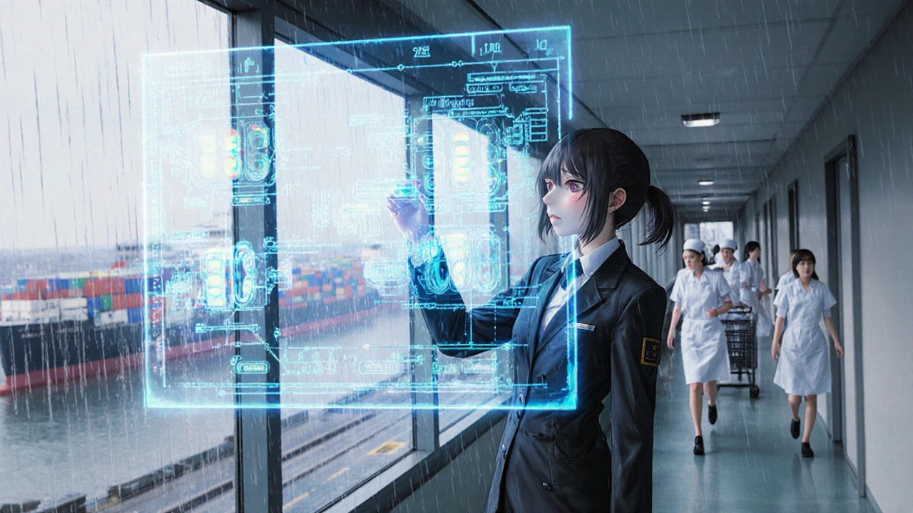 A female engineer controls a holographic supply chain model while nurses rush with empty carts in the background.