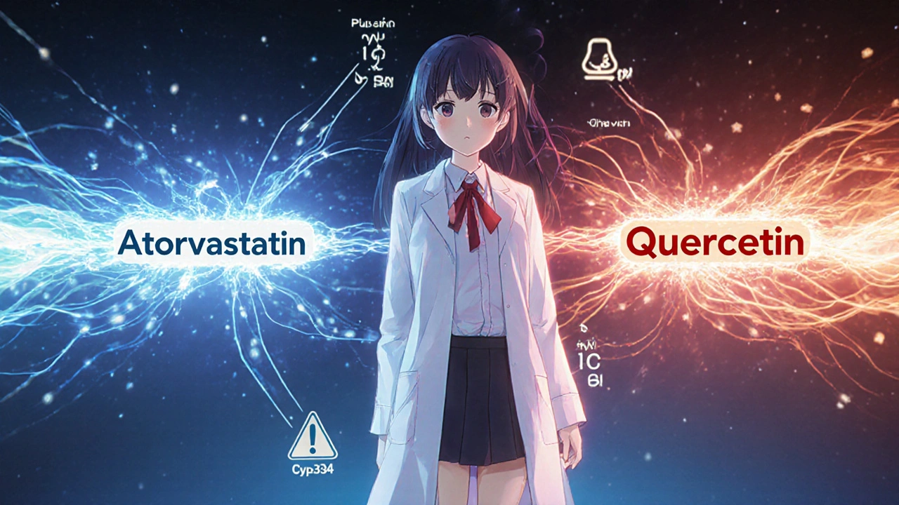 A girl in a lab coat watching blocked molecular flow between atorvastatin and quercetin.