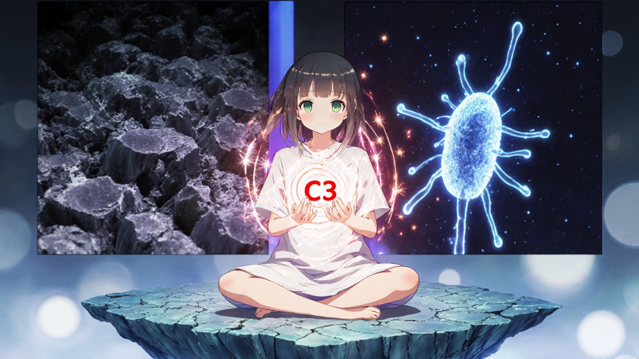 A girl on a floating kidney platform, holding a spiraling C3 molecule as healing and damage unfold beside her.