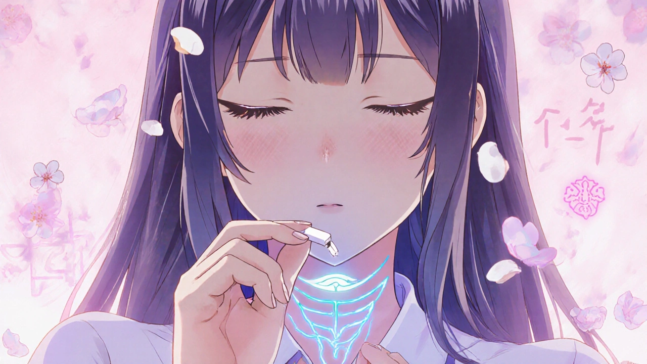 A hand holding a pill beside a water droplet, with calming blue lines glowing softly near the throat.