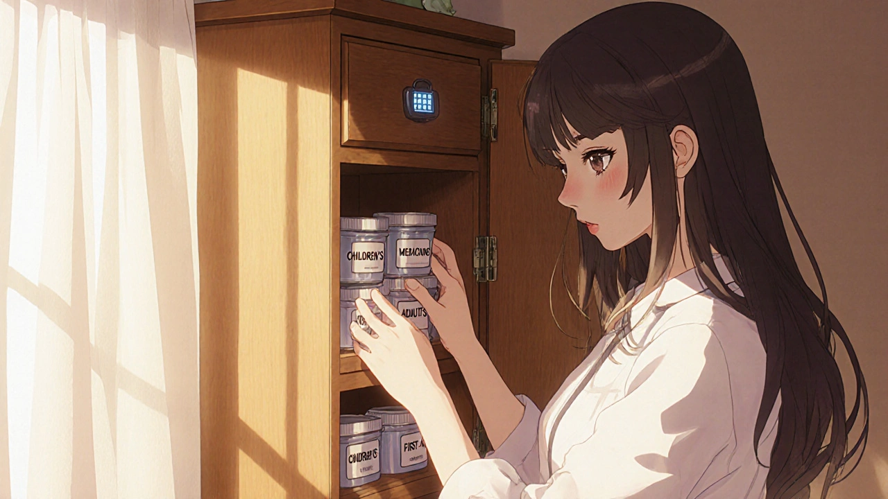 A mother organizing labeled medicines in a high, locked bedroom cabinet.